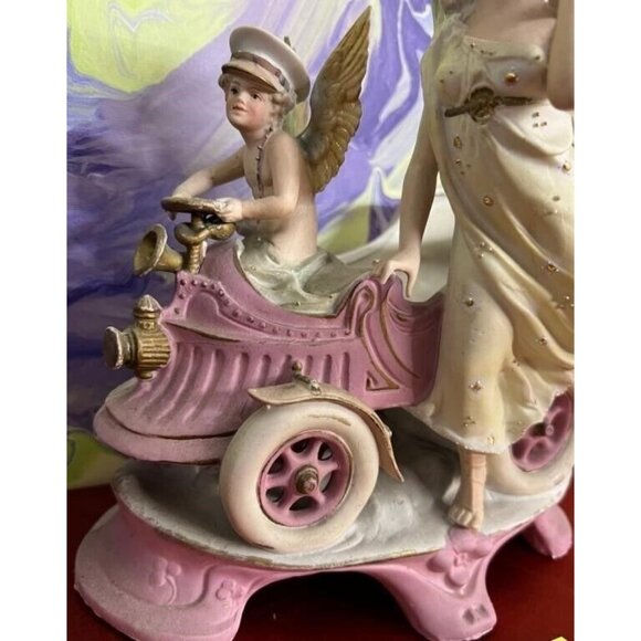 Antique  c1900 Cherub Angel Chauffeur Driving Woman Goddess Vintage Car Figurine - Picture 8 of 16